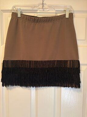 BB Dakota Brown Mini Skirt with Black Fringe Trim